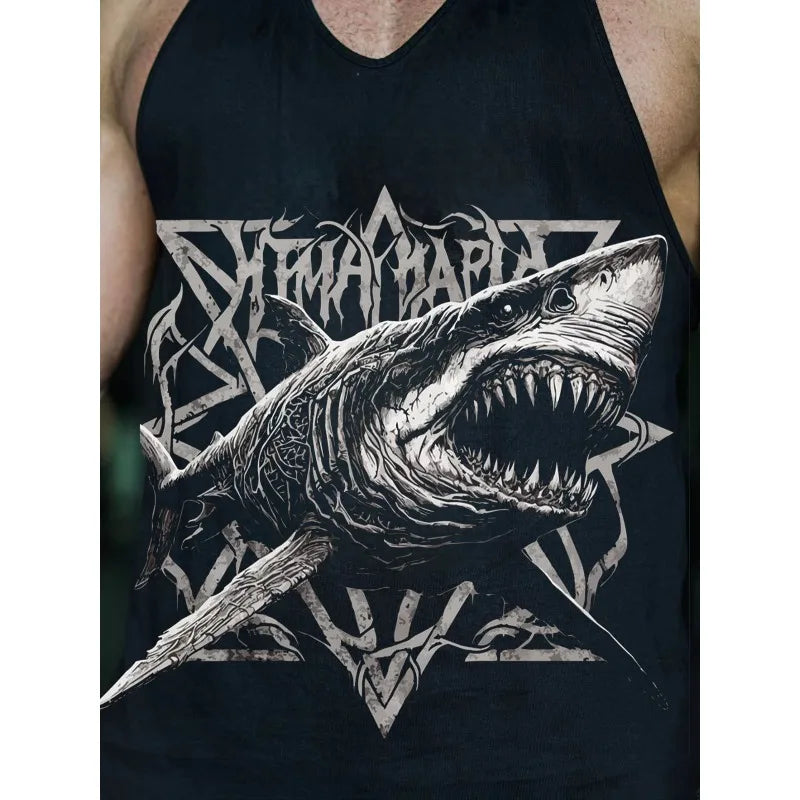 Men's Gym Shark Graphic Stringer Tank Top, Heavy Metal Style Print, Bodybuilding Gym Vest, Summer Casual Sleeveless Shirt