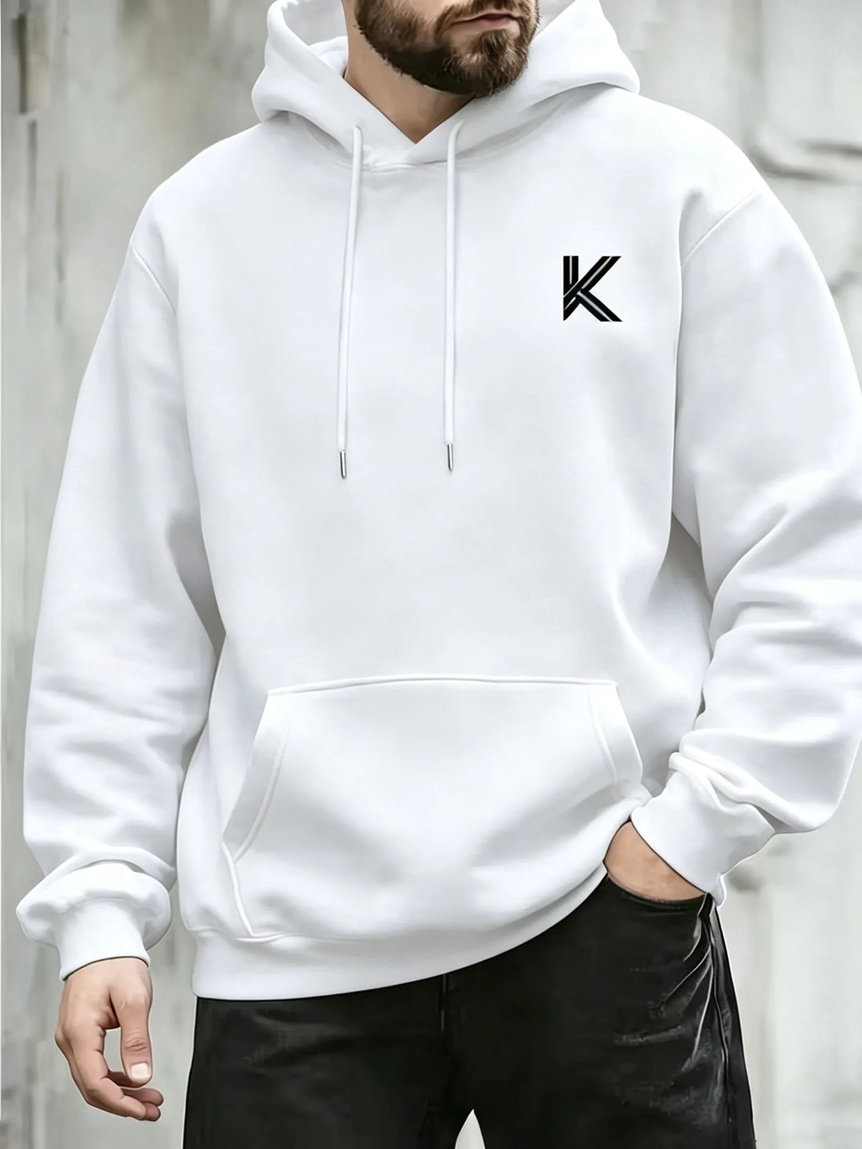 Autumn Winter Men Women Loose Hooded Sweatshirt Simple K Letter Chest Print Long Sleeve Pocket Hoodie Daily Streetwear Pullover
