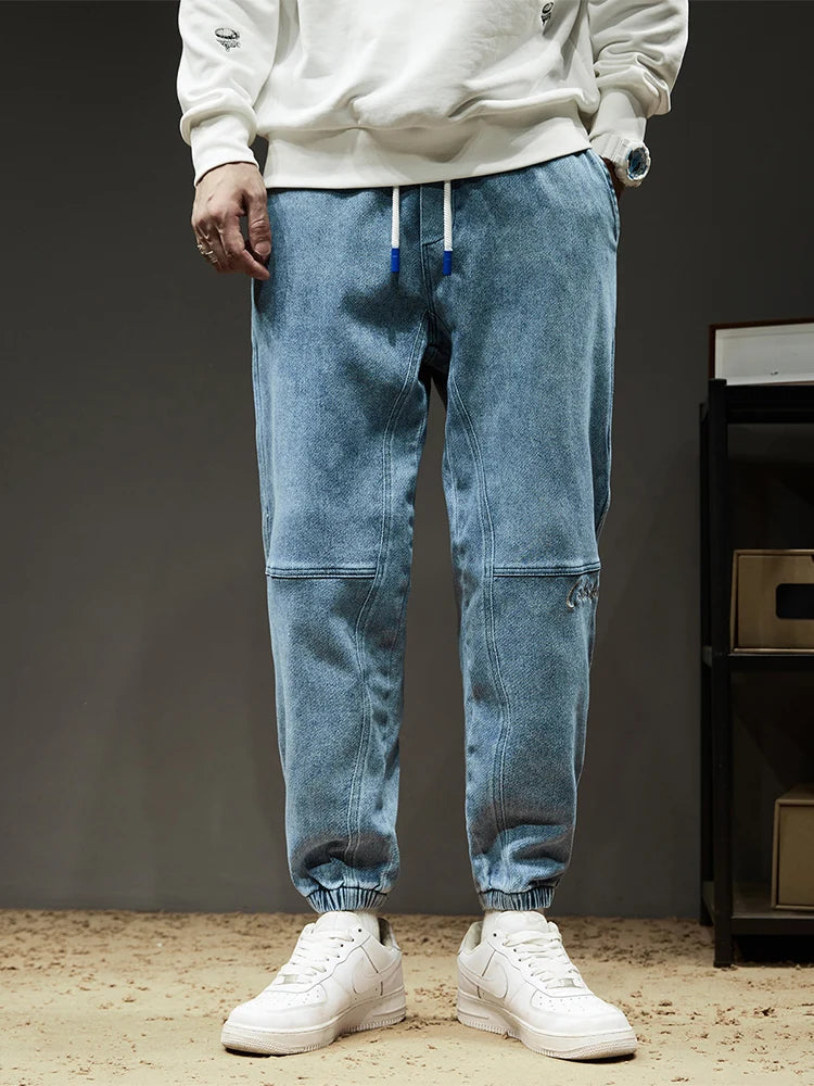 Spring Summer Men's Cargo Jeans Slight Stretch Cotton Denim Jogger Pants Black Blue Streetwear Baggy Jeans ATFH