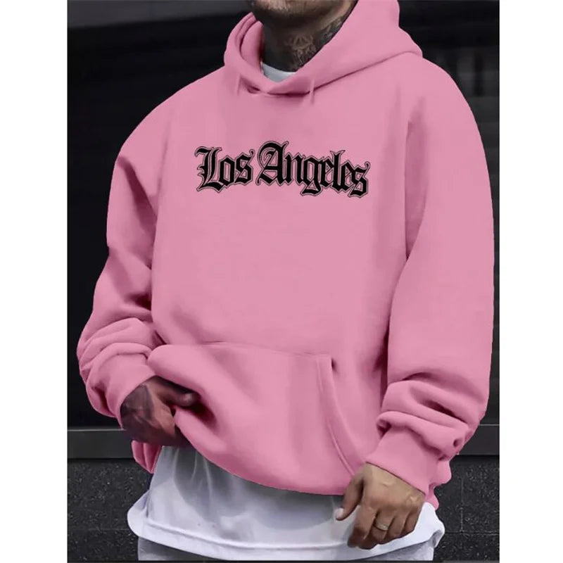 Men's autumn and winter casual fashion loose hoodie Los Angeles letter printed long sleeved warm pullover sweater - ATFH
