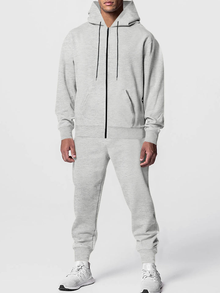 Autumn and winter men's solid color long-sleeved trousers hooded sports casual fleece suit warm and comfortable men's clothing - ATFH