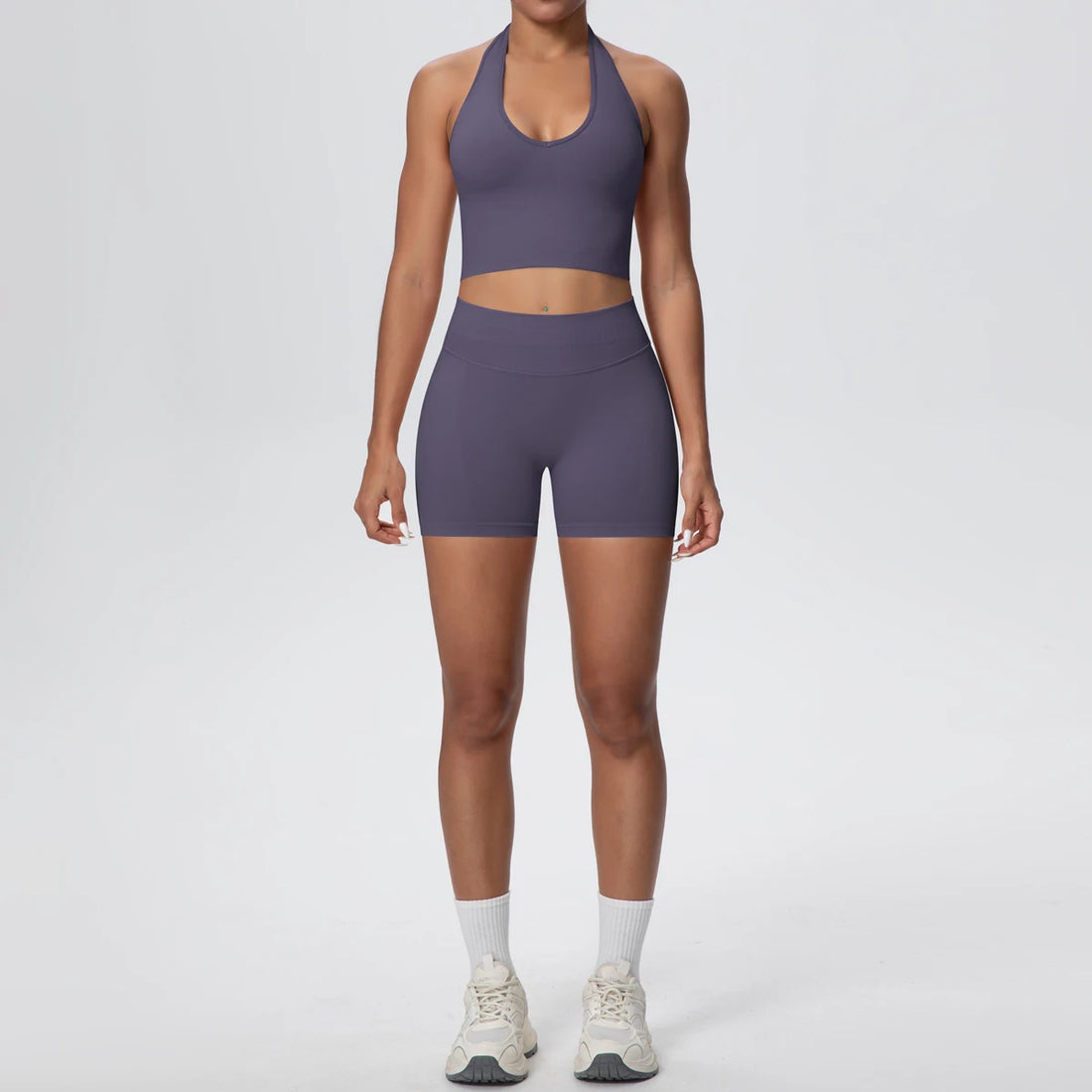 2Pieces Breathable Hanging Neck Bra Fitness Shorts Yoga Set for Woman's Quick-Dry Hip Push Up Seamless Sports Top Yoga Suit - ATFH