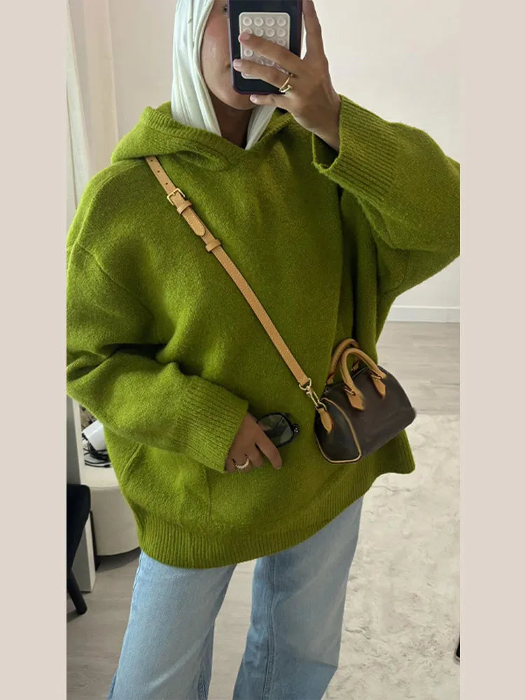 Fashion Green Knit Hooded Sweater Women Loose Long Sleeve Pocket Female Sweaters 2025 Autumn Winter New Lady Warm Pullovers - ATFH