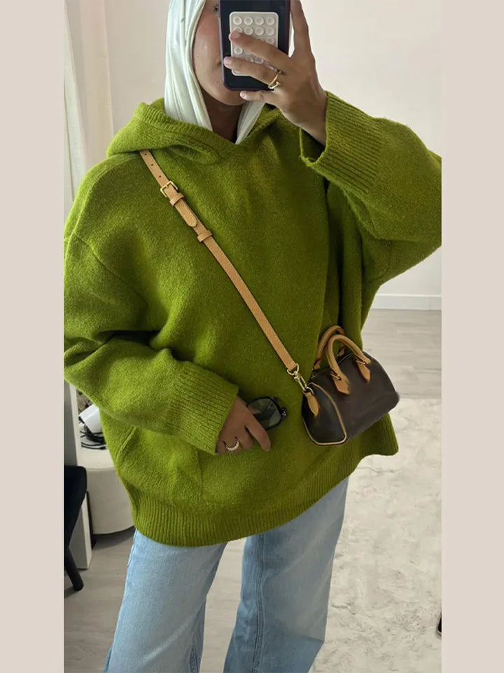 Fashion Green Knit Hooded Sweater Women Loose Long Sleeve Pocket Female Sweaters 2025 Autumn Winter New Lady Warm Pullovers - ATFH