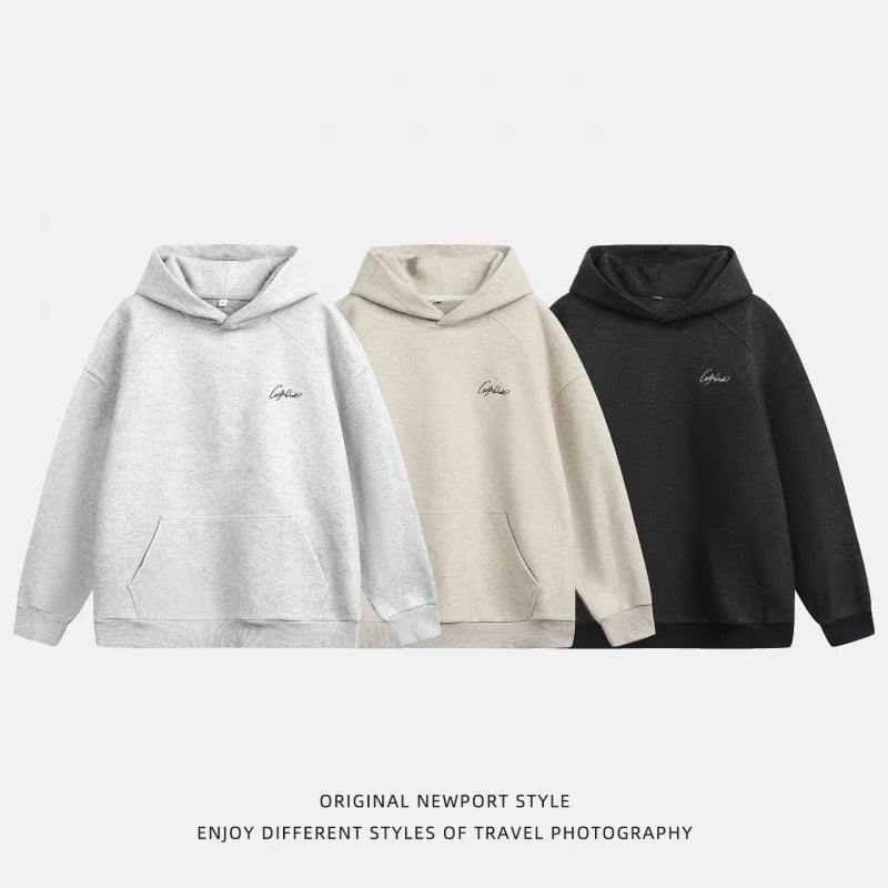 【Mirrordust】Autumn Loose Versatile Letter Embroidery Hooded Sweatshirt for Men American Street Style Casual Solid Color Hoodie - ATFH