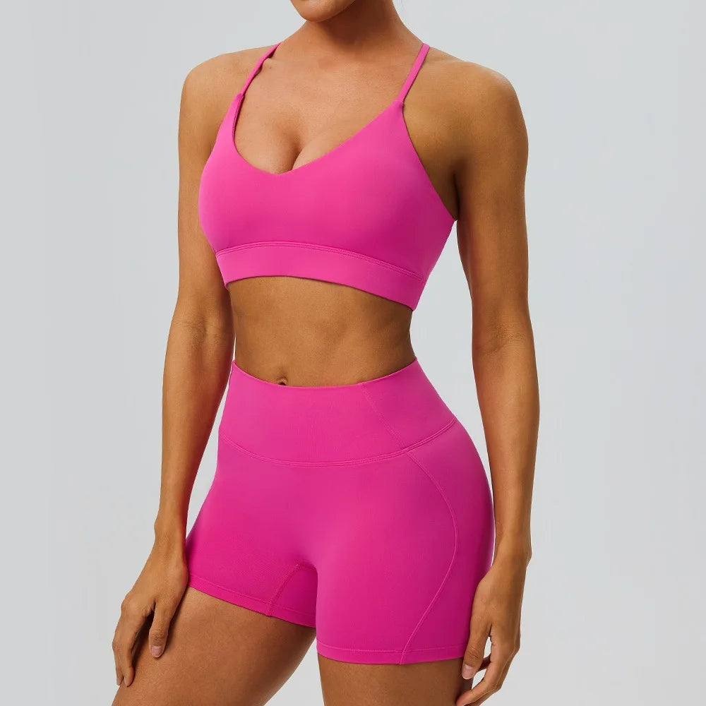 Women's 2-Piece Workout Set Cross Back Sports Bra & High Impact Shockproof Shorts  Gym Yoga Fitness Sports Set - ATFH