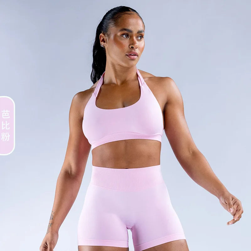 DFEuropean and American Cross-Border Seamless Yoga Set for Women, Halter Neck, Beautiful Back, Sports Bra, High Waist, Hip-Lifti - ATFH