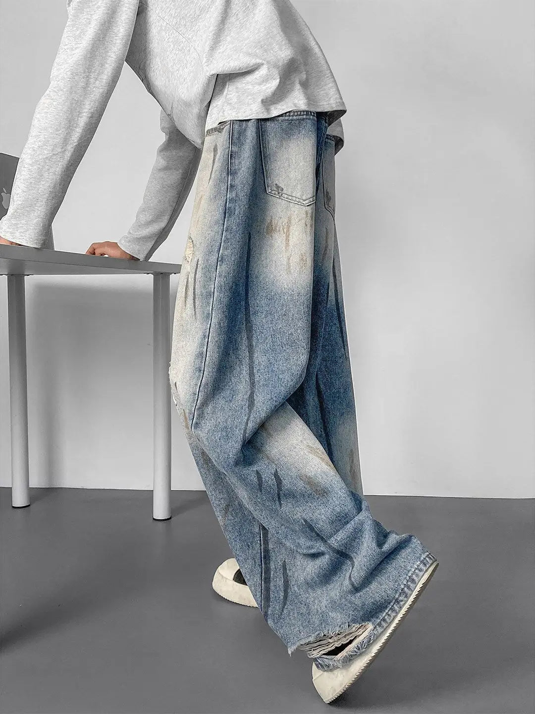 Men's Splashing Ink Graffiti Ripped Jeans Wide Leg Pants Summer Bottom Young Boy Casual Sweatpants Male High Waist Trousers ATFH