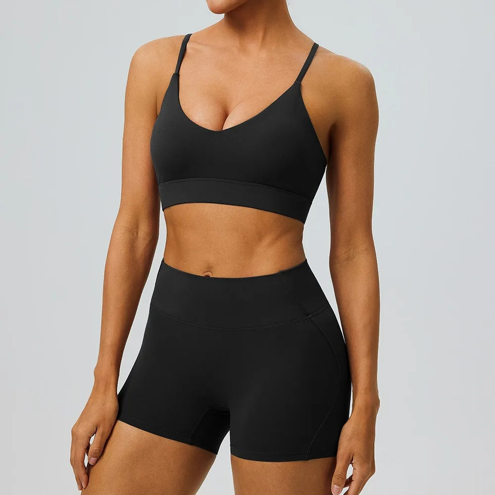 Women's 2-Piece Workout Set Cross Back Sports Bra & High Impact Shockproof Shorts  Gym Yoga Fitness Sports Set - ATFH