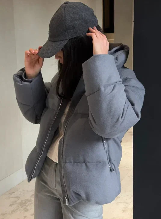 Fashion Grey Stand Collar Cotton Coat Solid Full Sleeve Zipper Loose Women Short Jacket 2025 New Winter Daily Street Outerwear ATFH