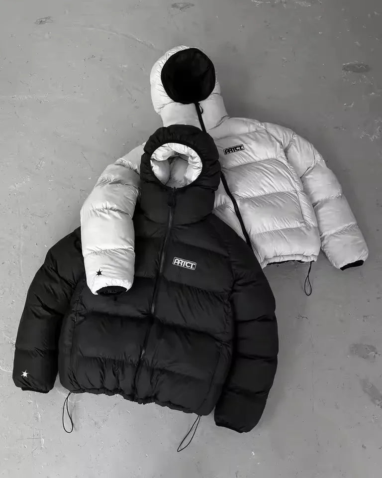Streetwear Casual Blue Black Reversible Puffer Jacket Men Women Heavy Hooded Detail Fashion Coat Top Loose Fit Warm Y2K