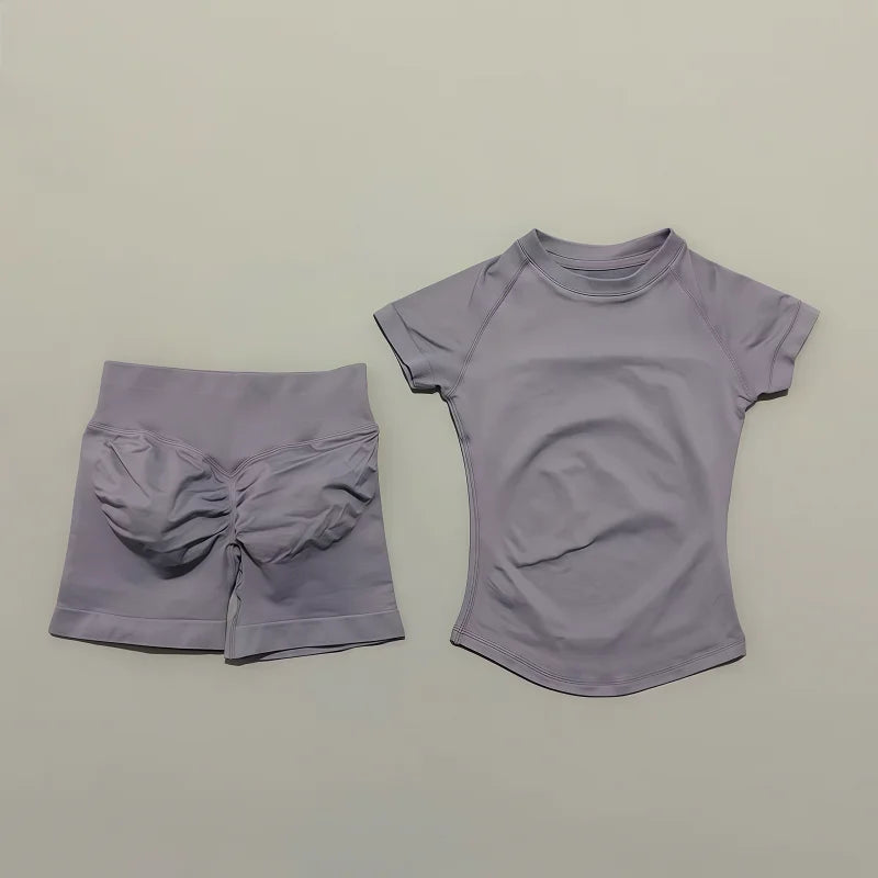 2 Pieces HISTELLO Sports Sets Short Sleeve Seamless Yoga Top Fitness Set Women Workout Running Sports Shorts Gym Suit - ATFH