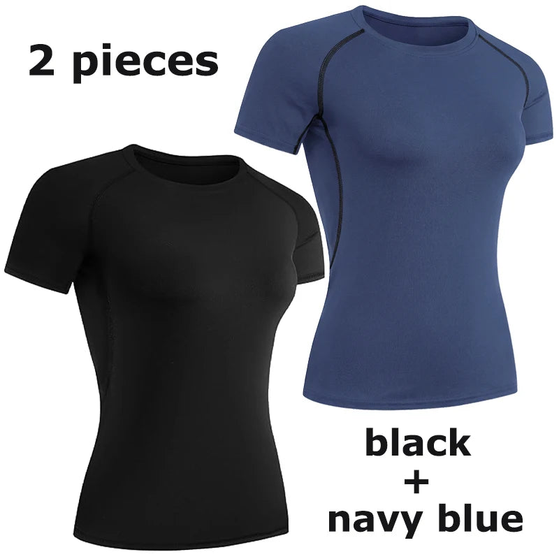 Women's Compression Shirt Short Sleeve Athletic Yoga Running T-Shirt Summer Gym Workout Quick Dry Stretchy Tees Tops Baselayer - ATFH