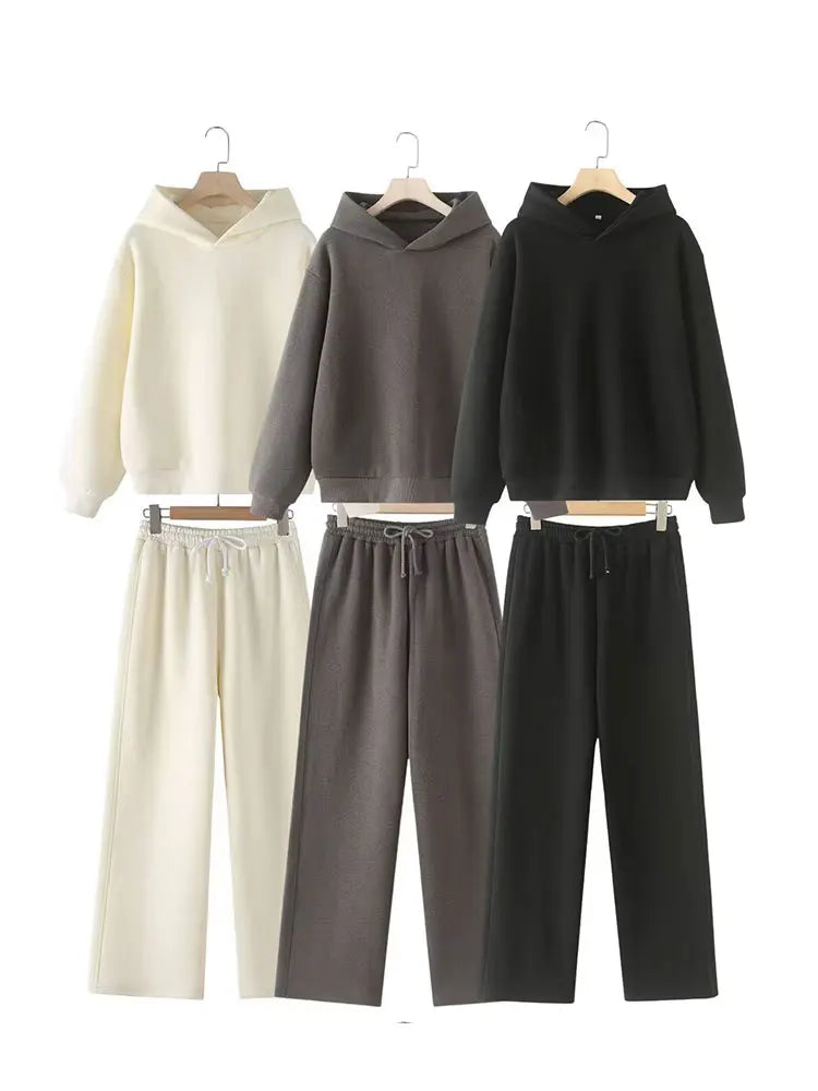 HH Trendy Solid Sweatshirt Set For Women Long Sleeves Causal Hooded Sweatshirt+Drawstring High Waist Straight Pants