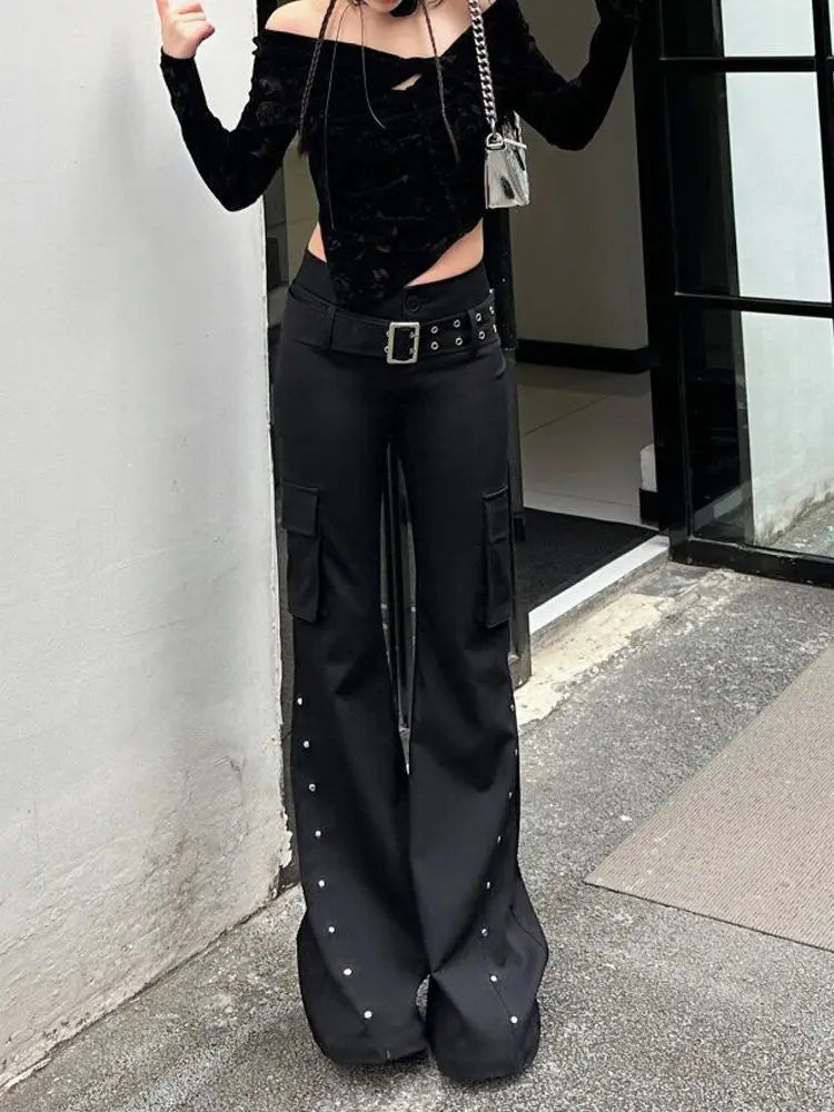 Retro new pure black rivet design belt decorative slim pants for women y2k Harajuku Goth low-waisted flared pants ATFH