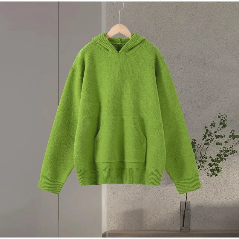 Casual Hooded Sweater Pullover Women's Loose Full Sleeves Knitted Coats With Pockets 2025 New Autumn Winter Ladies Solid Outwear - ATFH