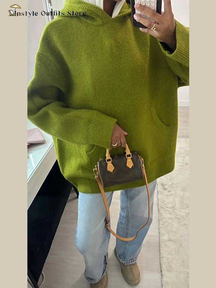 Casual Hooded Sweater Pullover Women's Loose Full Sleeves Knitted Coats With Pockets 2025 New Autumn Winter Ladies Solid Outwear - ATFH
