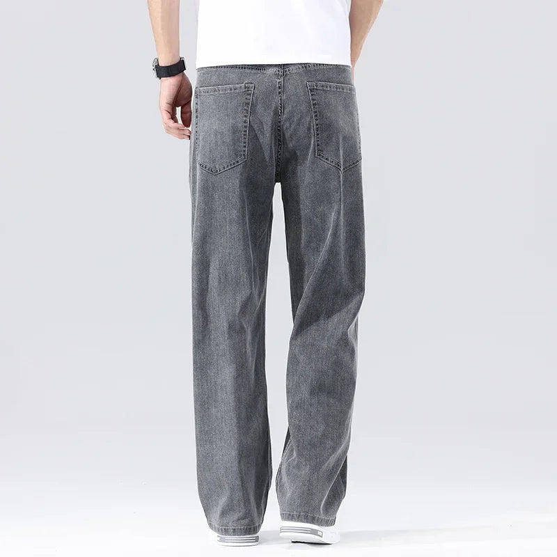 Men's Loose Jeans Summer Fashion Drape Soft Fabric Ultra Thin Pants Wide Legs Ice Silk Lyocell Business Straight Denim Trousers ATFH