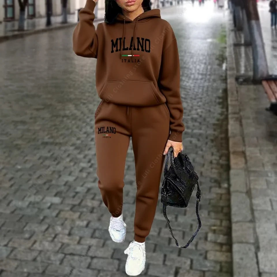 Women's Tracksuit Hoodies Pants Fall Winter Matching Set Athleisure MLANO Letter Print Fleece 2 Piece Sweatpants Set for Woman
