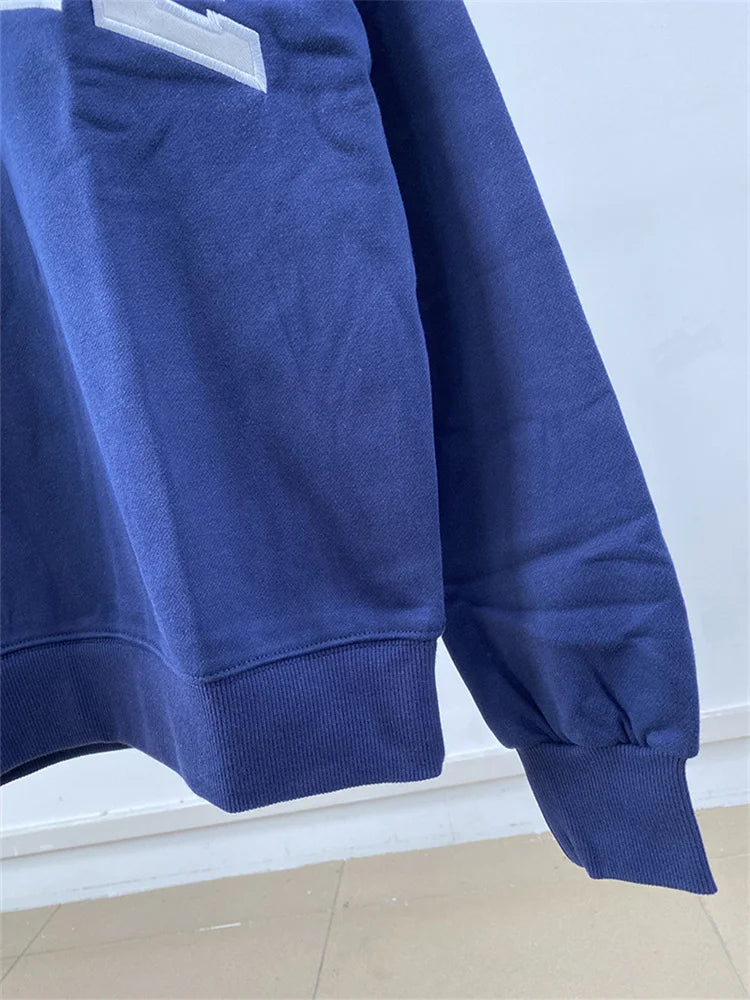 Women Letters Patch Embroidery Blue Sweatshirts Female Stand Collar Long Sleeve Pullover Casual Ladies Sports Top - ATFH