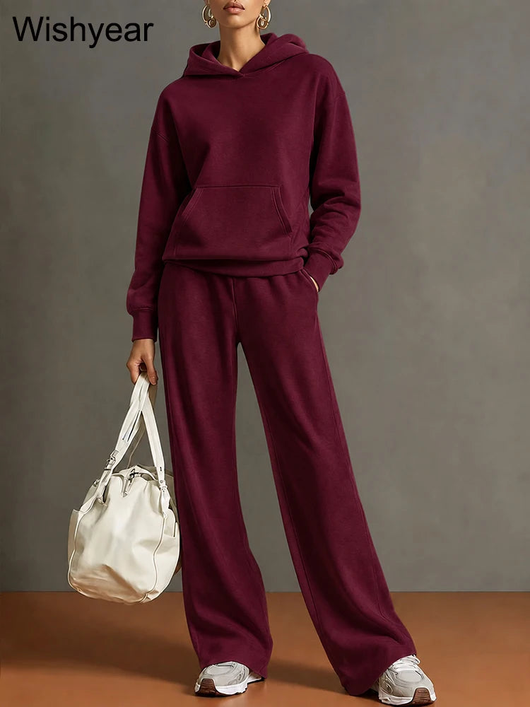 Gray Women’s Cozy Hoodie Set Long Sleeve Hooded Top Wide Leg Pants Casual Sporty Street Travel Fall Winter Two Piece Outfit