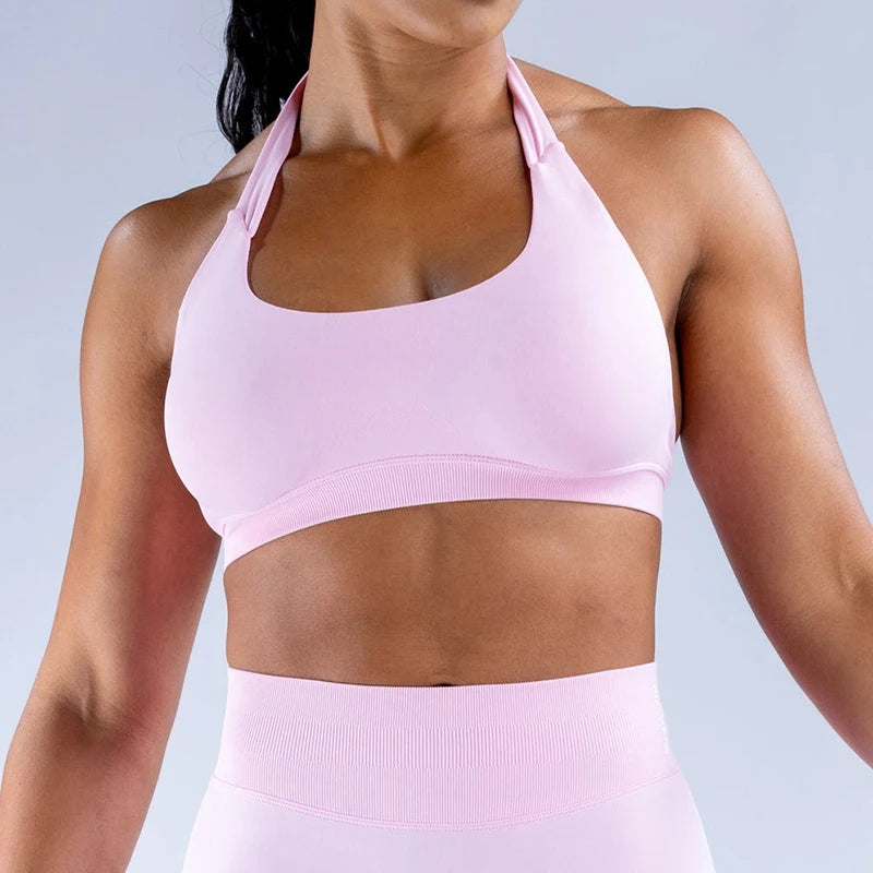 Impact Sports Bra Women Seamless Halter Neck Strap Yoga Bra With Padded Sexy Open Back Yoga Top Bra Medium Support Gym Crop Top - ATFH
