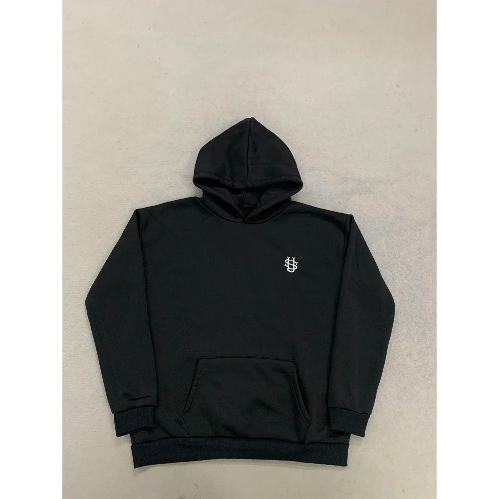 Solid Color Unisex Hooded Sweatshirt, Minimal Style Mini Embroidery Logo Drop Shoulder Loose Fashion Pullover Tops