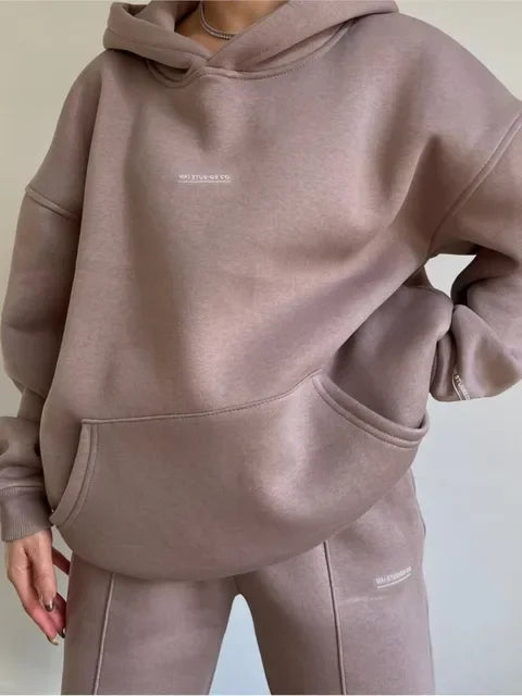 Women's Casual Hooded Sweatshirt Trousers 2 Piece Set Plus Velvet Warm Fashion Pocket Printed Letters Sports Ladies Trousers Set ATFH
