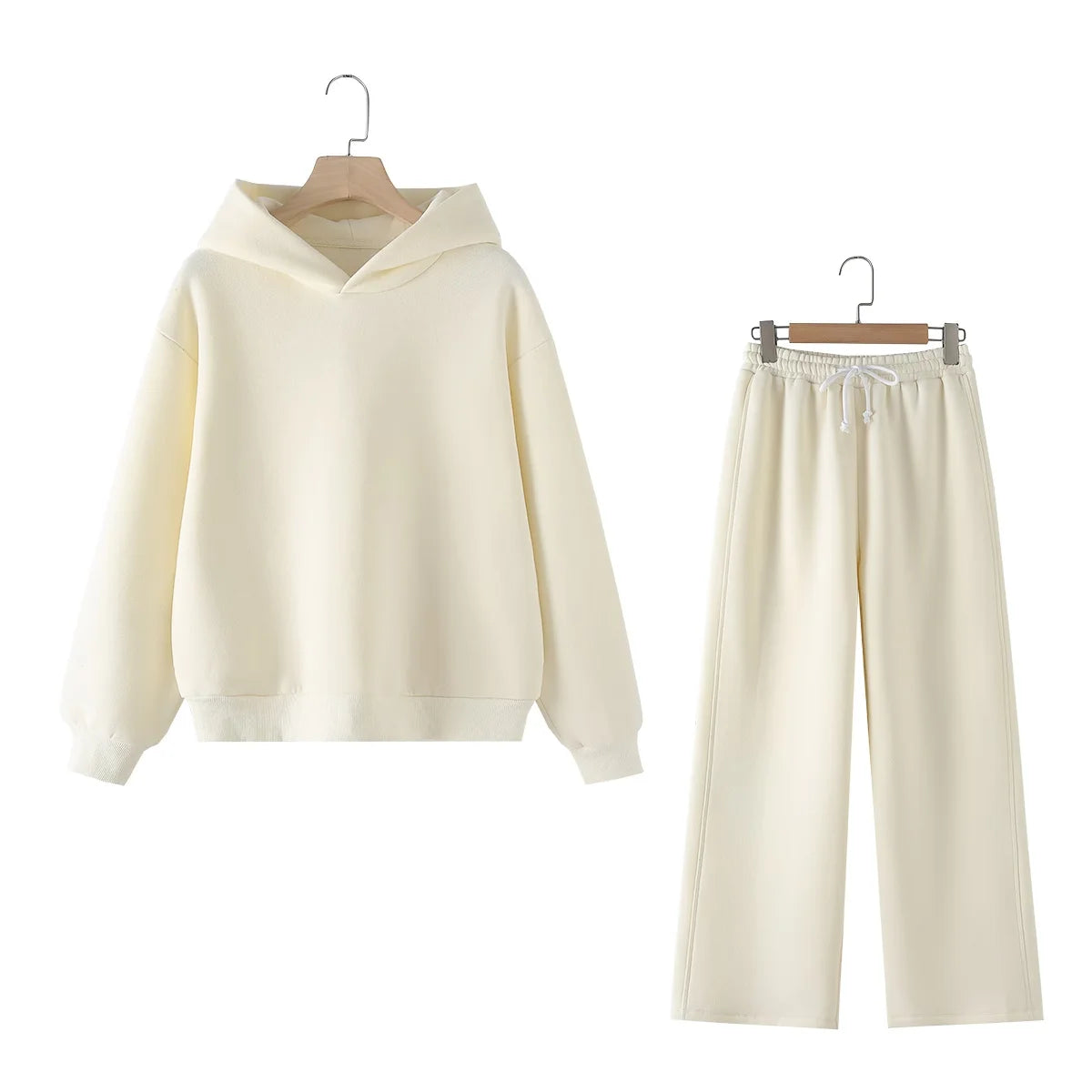 Women Solid Casual Sweatshirt Pant Suit Long Sleeve Hooded Fleece Pullover Coat Loose Straight Trousers Office Lady Sets