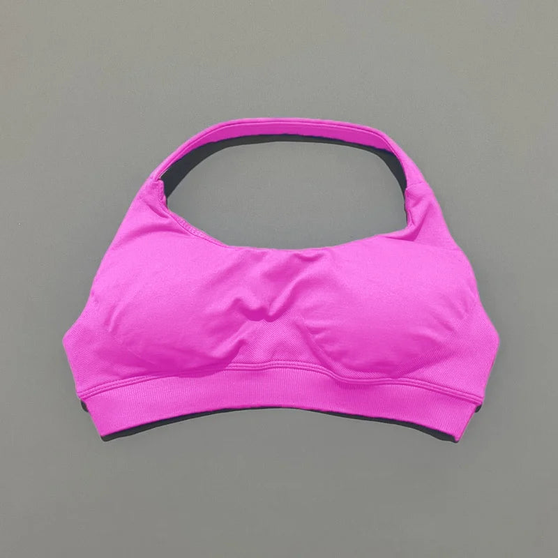 Histello Sports Bra Women Seamless Halter Clothes Neck Strap Padded Yoga Top Gym Backless Bra Running Sportswear Workout Tops - ATFH