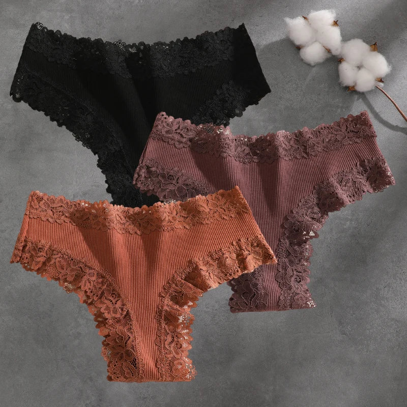 3Pcs Cotton Lace Patchwork Bikini Panties Women Seamless Floral Print Brazilian Pants Low Waist Breathable Female Sexy Lingerie