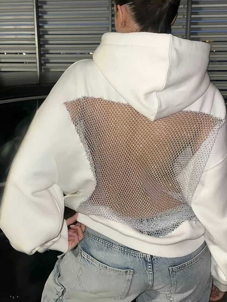Weird Puss Harajuku Hooded Sweatshirt Women Autumn Trend Backless Glitter Mesh Patchwork Casual Streetwear Hipster Pulloverr - ATFH