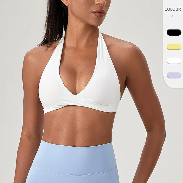 Strappy Bra for Women Open Back Halter Sports Bra Light Support Gym Crop Top Seamless Workout Yoga Top Bra Padded Bras - ATFH