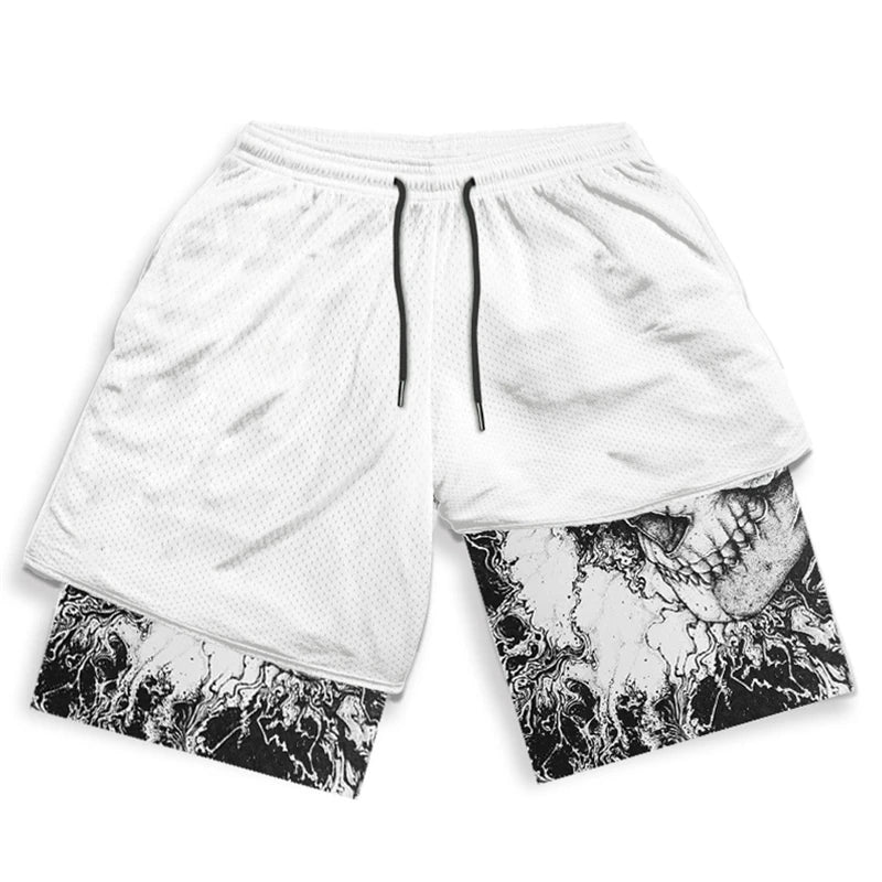 Y2K Gothic Punk Skull Print 2 in 1 Shorts for Men Gym Athletic Performance Shorts with Pockets Summer Workout Fitness Running