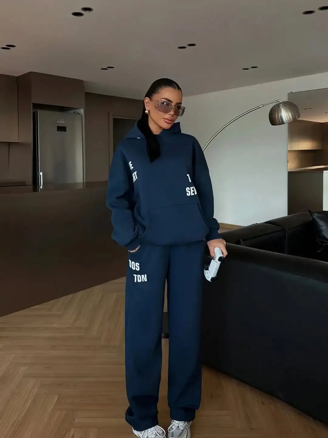 Casual Letter Hooded Sweatshirt Set Women Full Sleeve Hoodie Elastic Waist Straight-leg Pants Suit New Lady Spring Street Outfit
