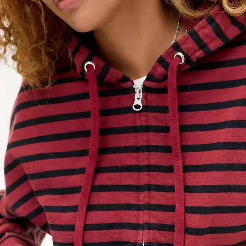 Vintage Red Black Stripe Full Zip Hoodie Women Men Y2K Aesthetic Loose Cropped Hooded Jacket Streetwear Long Sleeve Sweatshirt