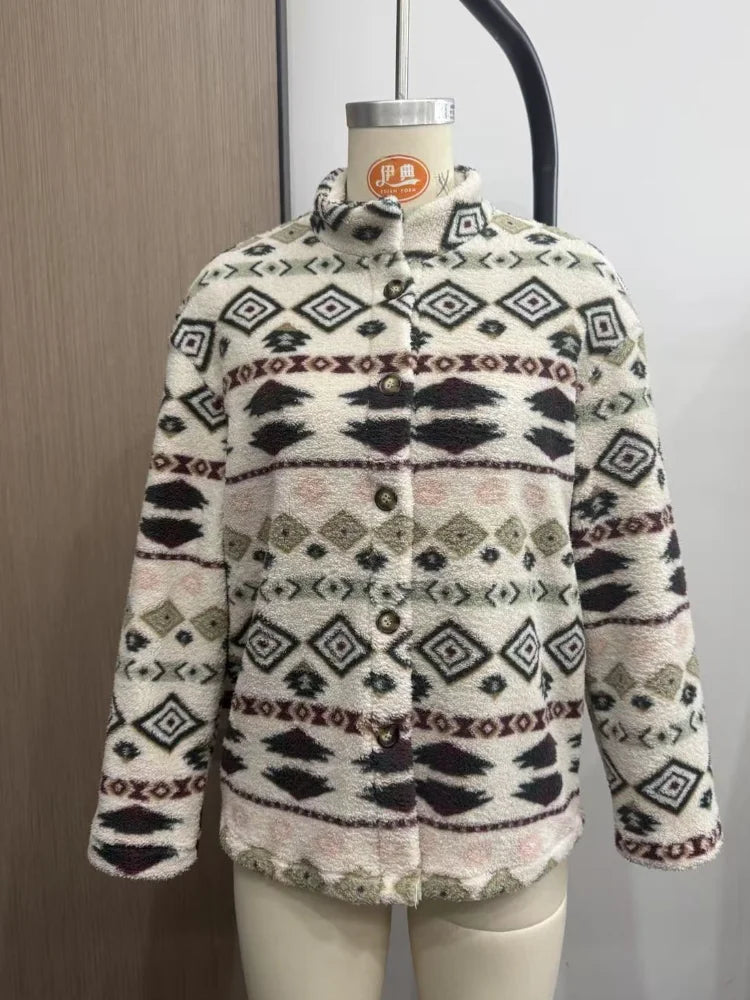 2026 New Women's Winter Fleece Jacket, Loose and Fitted, Soft and Warm, with Windproof and Anti-Pinch Design, Cream-Colored Aztec Geometric Print, Stand-Up Collar with Button Closure, a Rural Style Daily Winter Outfit Jacket