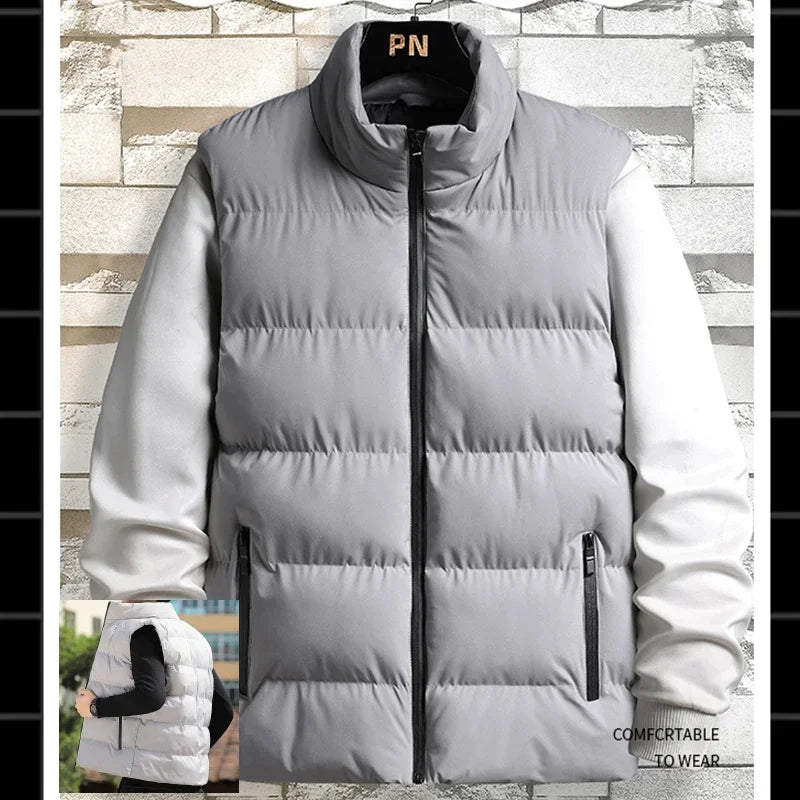 New Men's Gray Vest Warm Sleeveless Jackets Winter Windproof Zipper Coat Autumn Stand-up Collar Casual Waistcoat Brand Clothing ATFH