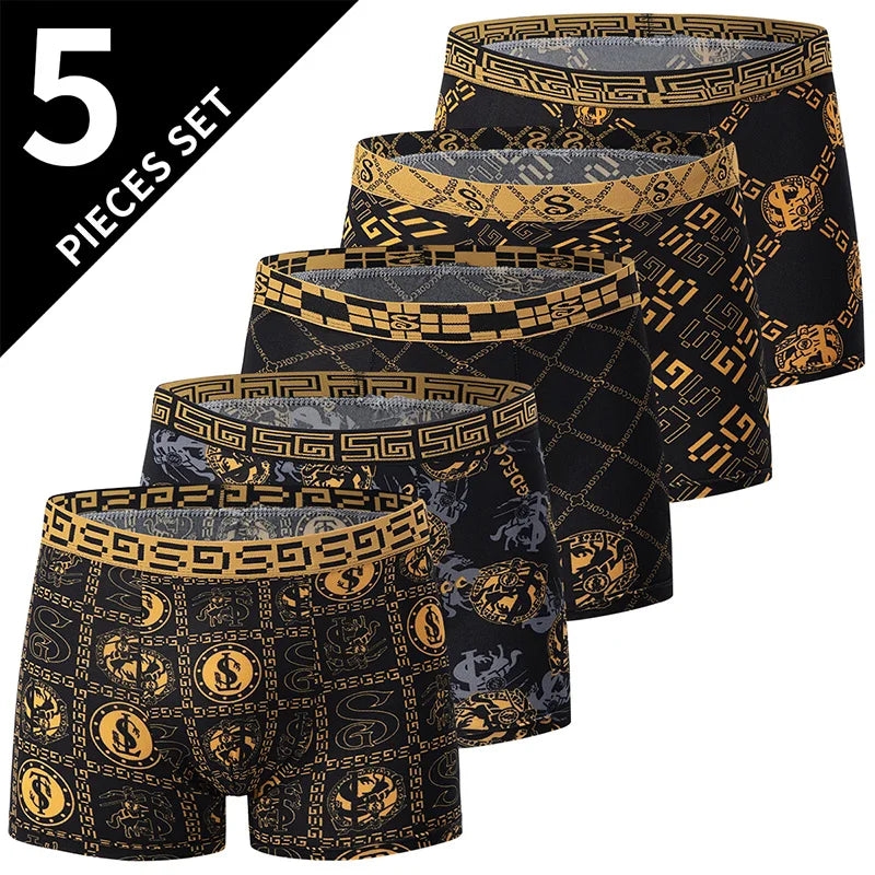 5-piece Set Of Men's Black Classic Elastic Waisted Underwear Quick Drying Comfortable Sporty Youth Trend Flat Corner Pants
