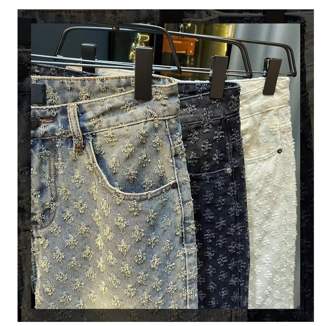 2025 Summer New American men's fashion ripped denim shorts, loose straight-leg casual mid-parted denim shorts ATFH