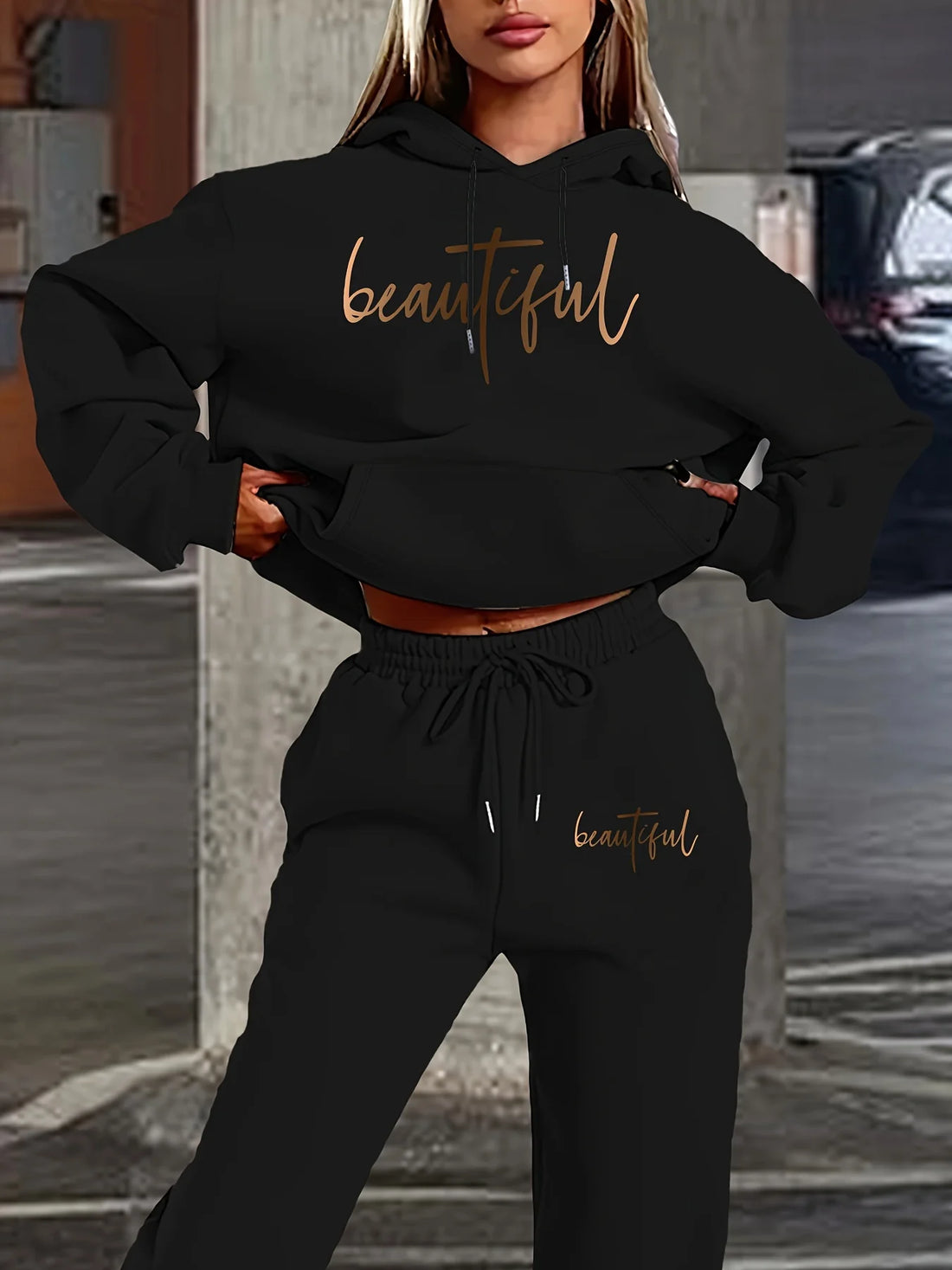 Women's Hoodie+Sports Pants Set Hip Hop Street Casual Fashion Letter Printed Loose Sports Shirt Autumn/Winter Wool Warm Clothing