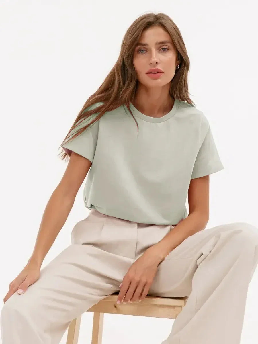 Bornladies Summer 100% Cotton Women's T-shirt Bottoming Basic Fashionable Solid Lady Short Sleeve Loose Tops Shirts 230g/㎡ Tops - ATFH