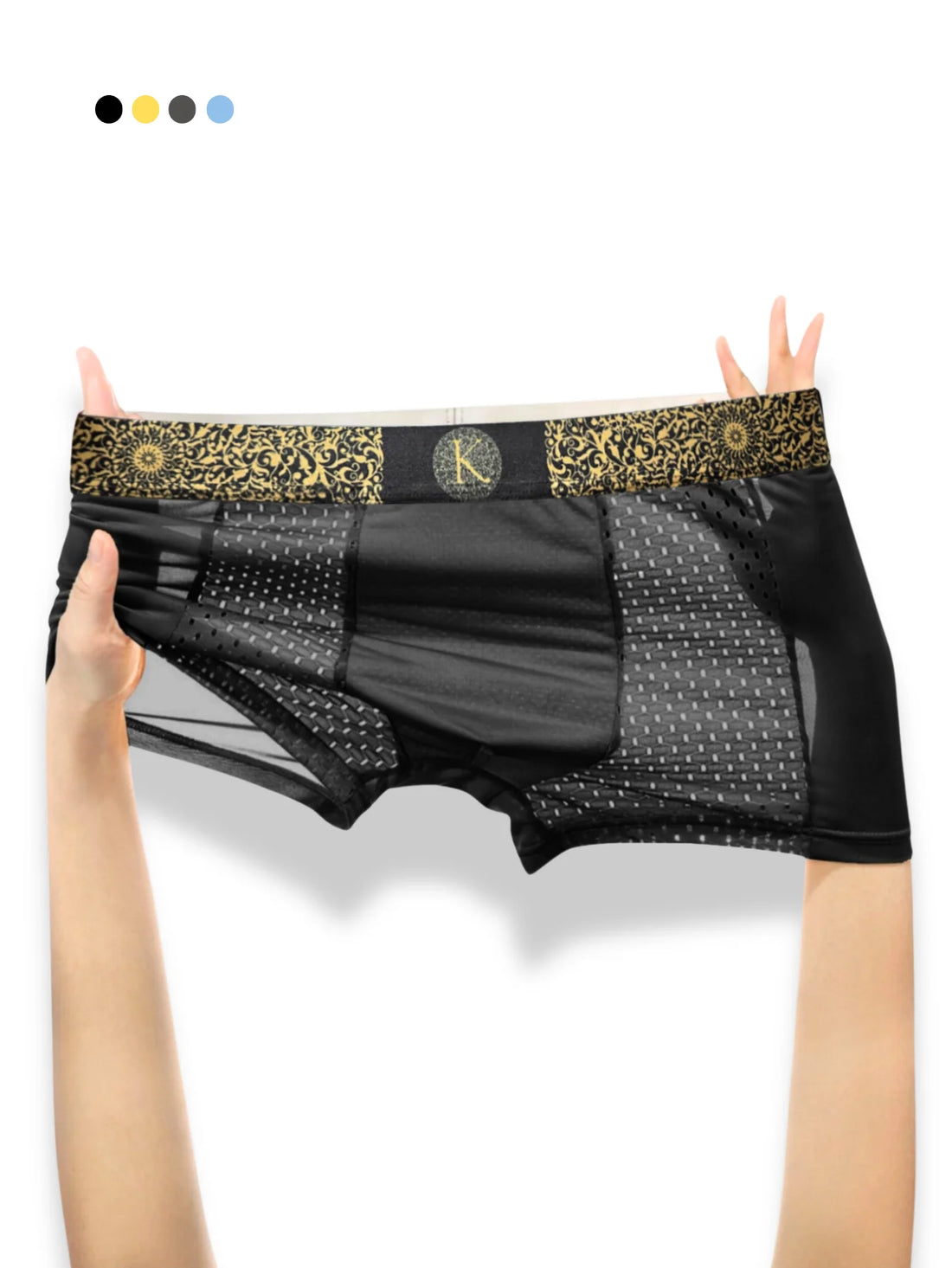 1PC Mesh Ice Silk Boxer Shorts Men's Underwear Underpants Luxury Boys Retro Panties Bamboo Lingerie Plus Size Gold Black Print