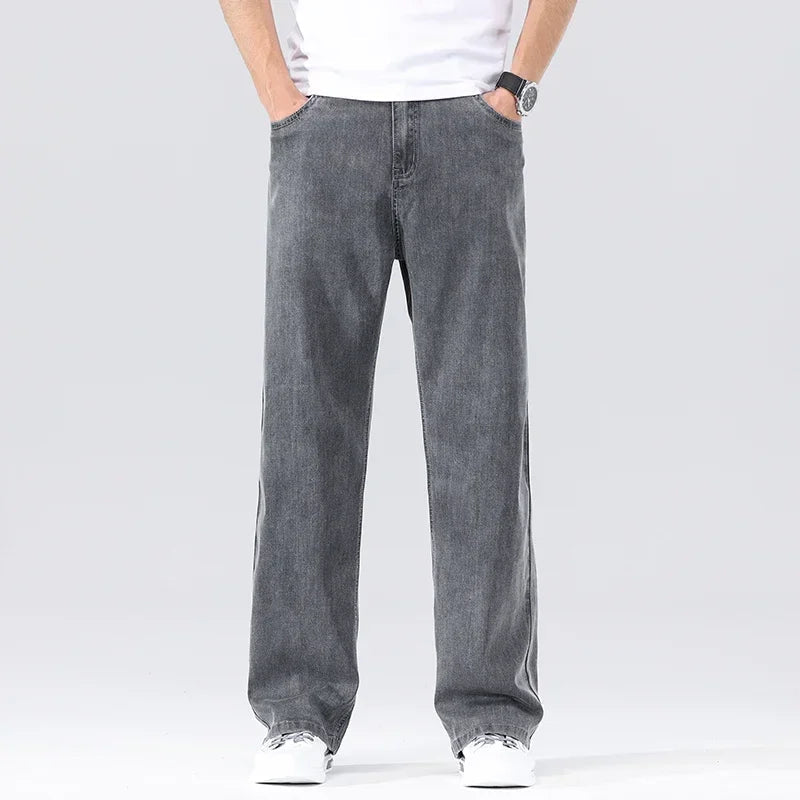 Men's Loose Jeans Summer Fashion Drape Soft Fabric Ultra Thin Pants Wide Legs Ice Silk Lyocell Business Straight Denim Trousers ATFH