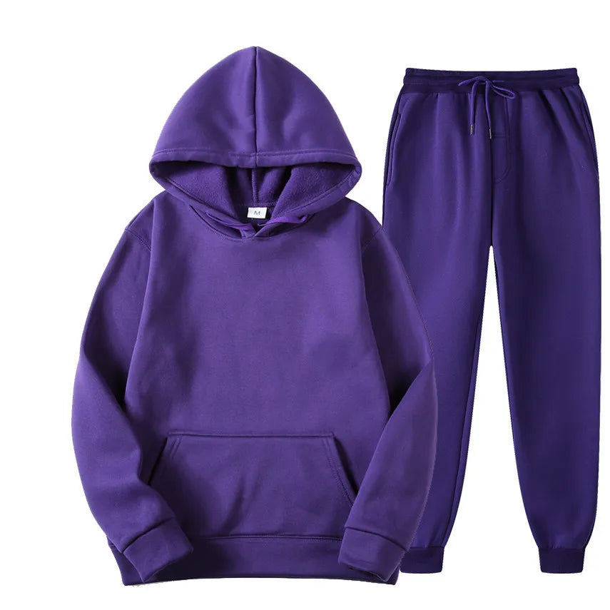 Autumn/Winter New Men's Solid Color Hoodie+Sports Pants Two Piece Outdoor Casual Fashion Loose Large Sports Set - ATFH
