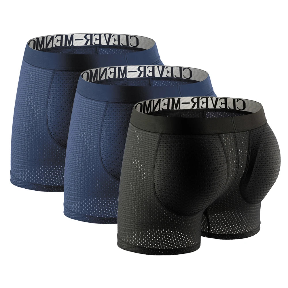 3 Pack Men Boxer Shorts Underwear Boxershorts Mesh Man Sexy Panties Push Up Pad Butt Lifter Penis Pouch Underpants