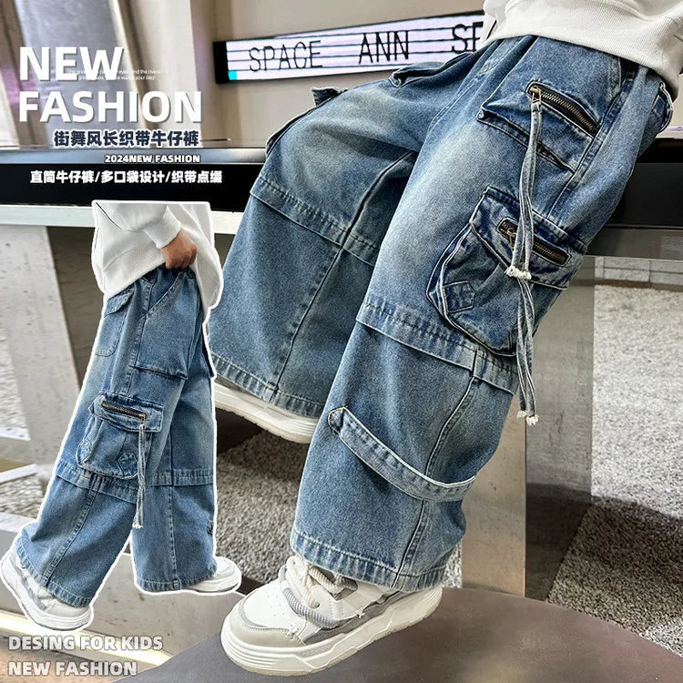 Boys Jeans 2025 New Spring Autumn Pants Children's Straight Trousers Teenager Wide-legged Cargo Denim Pants Kids Loose Clothes ATFH