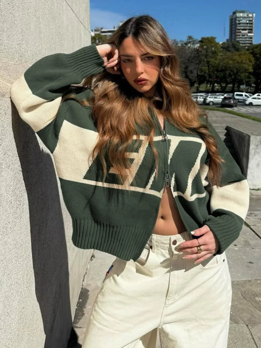 Blubelle New Autumn Winter Women's Knit Sweater Cardigan Collar Design Loose Letter Print Fit Lazy Style Jumpers - ATFH