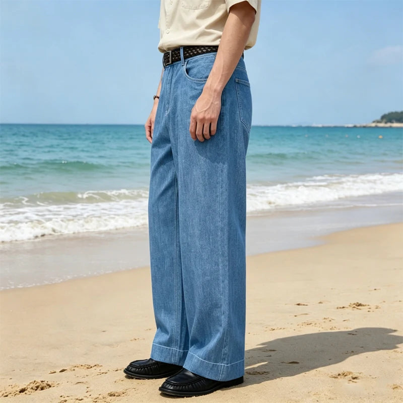 Retro Men's High Waist Wide Leg Jeans Loose Fit Denim Pants Breathable Casual Stretchy Heavyweight Cotton Y2K Baggy Trousers ATFH