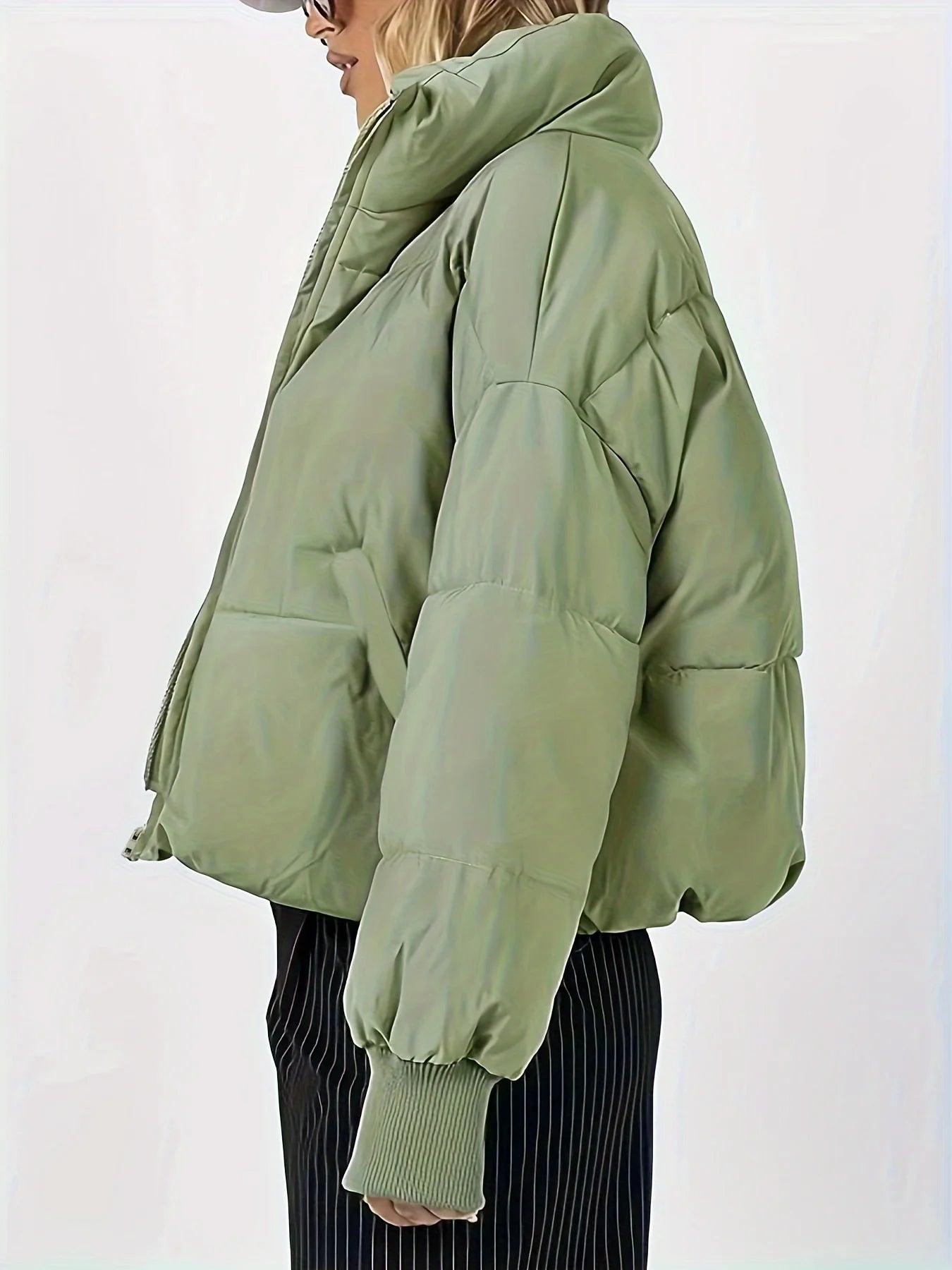Thickened Oversized Cropped Puffer Jacket, Army Green Zip-Up Style, Women's Warm Top for Fall & Winter Commute & Streetwear